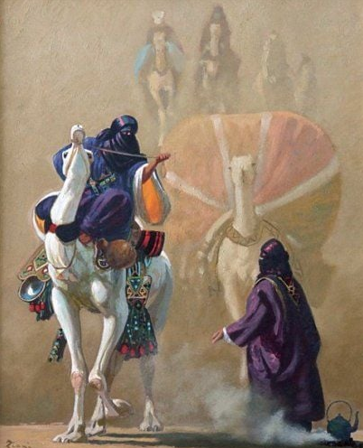 Peinture représentant une caravane en mouvement.