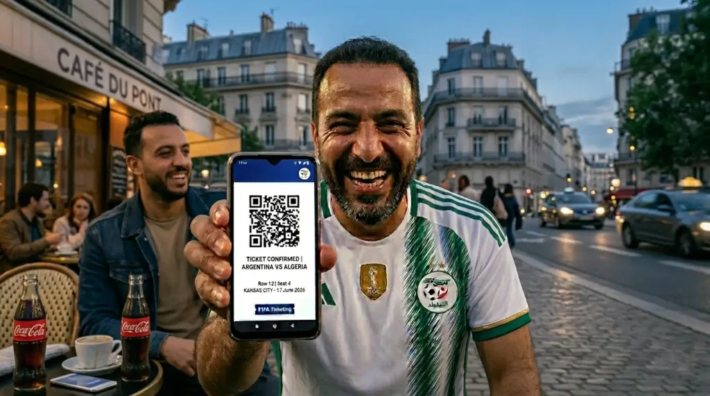 Supporter algérien joyeux montrant la confirmation officielle d'un billet numérique FIFA pour le match Algérie-Argentine du Mondial 2026 sur son smartphone.