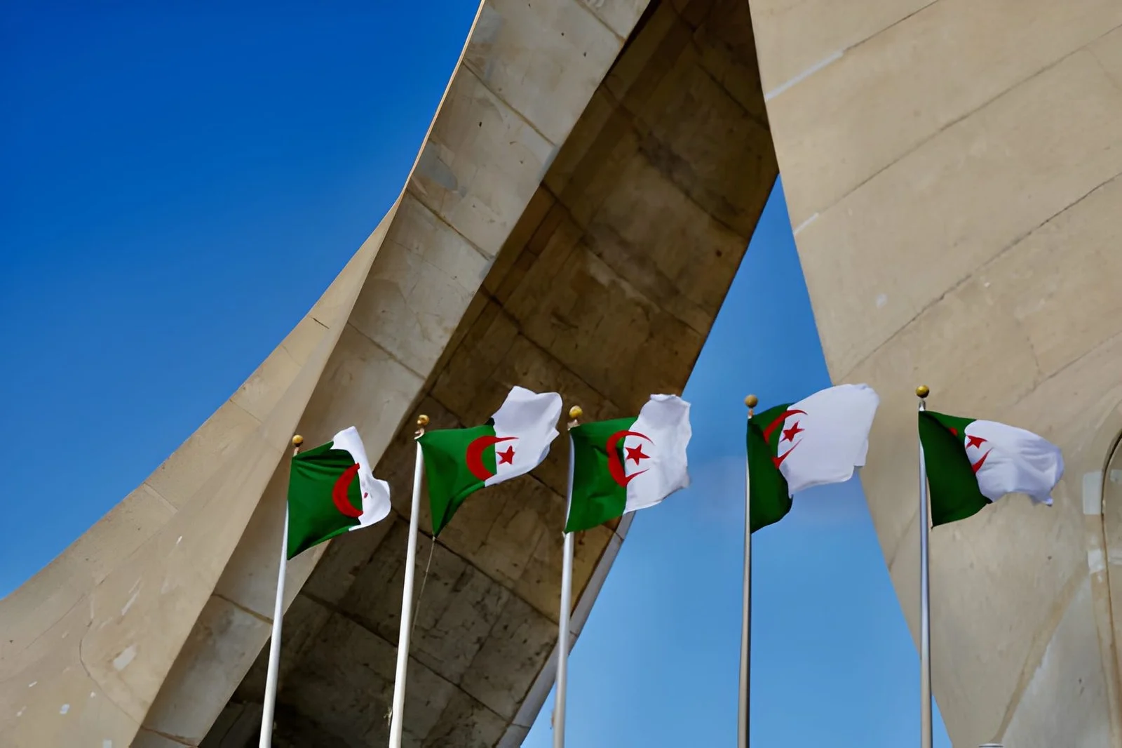 Drapeaux algériens devant le Monument des Martyrs, symbole de la politique Algérie