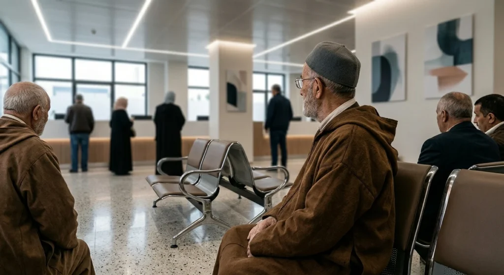 Des retraités algériens vus de dos, assis dans une salle d'attente administrative moderne, lumineuse et épurée, illustrant la modernisation des services de la CNR en 2026.