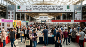 Illustration conceptuelle montrant à quoi pourrait ressembler la 29ᵉ édition fictive du Salon International du Livre d'Alger (SILA 2026 Alger) au Palais des Expositions de la SAFEX, avec une foule de visiteurs et des stands d'éditeurs sous une bannière officielle.