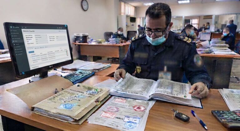 Un agent des douanes vérifie un dossier d'importation FOB et des documents papier dans un bureau de dédouanement.
