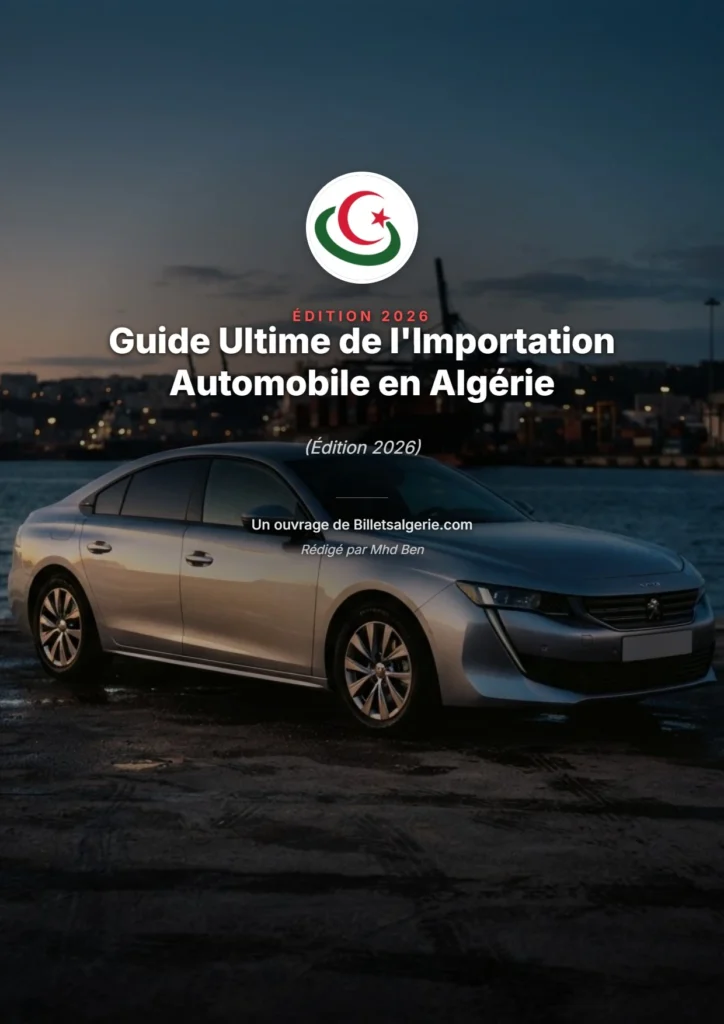 Couverture du guide ultime de l'importation automobile en Algérie édition 2026 au format PDF pour importer sa voiture sans payer de taxes excessives.