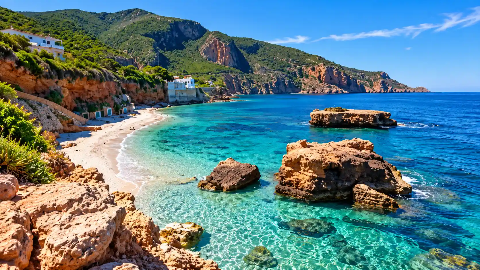 Plage de Benouda près d’El Beldj à Tipaza, formations rocheuses sur la corniche du Chenoua