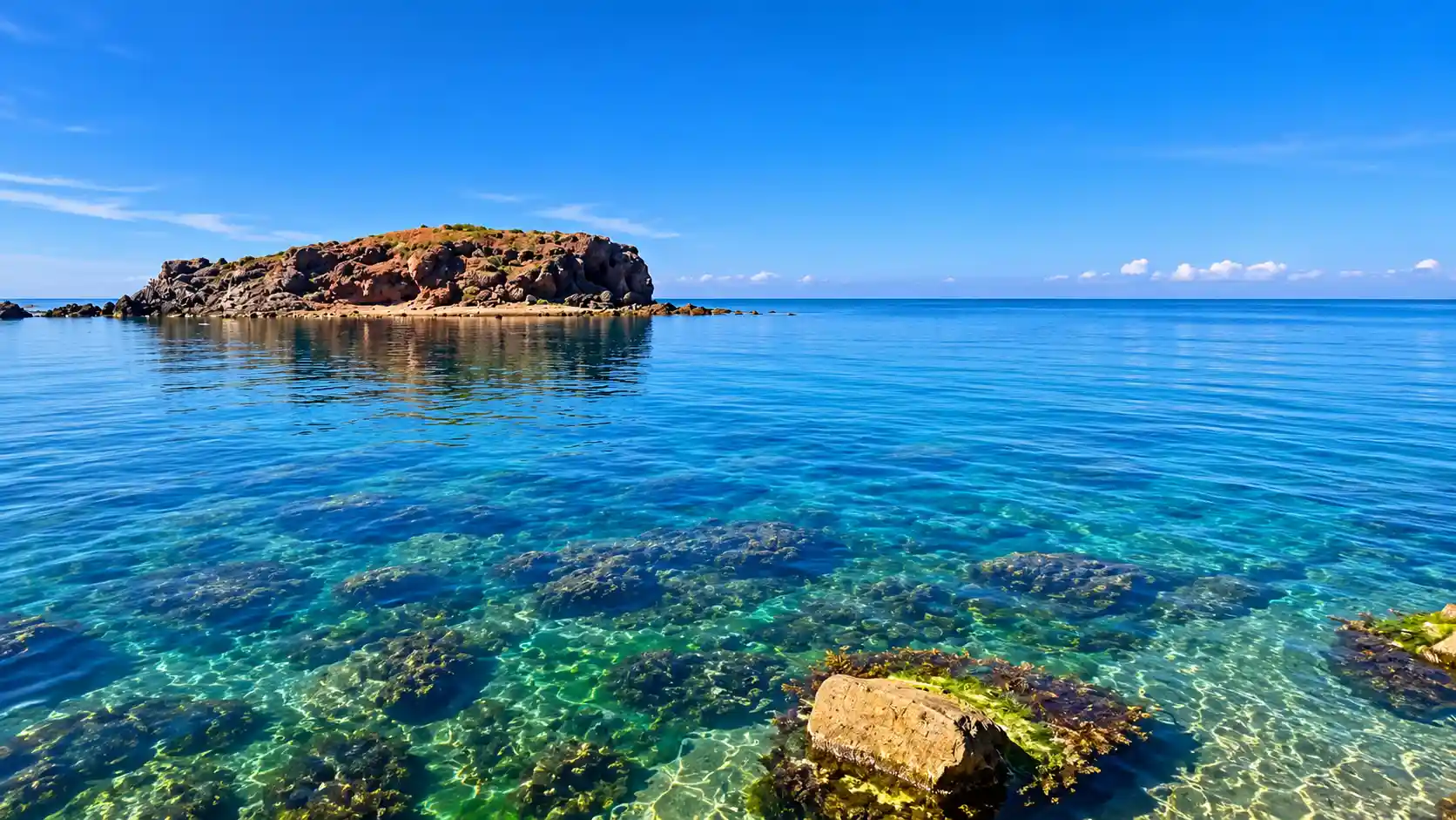 Plage centrale de Hadjret Ennous dite Fontaine à Tipaza, vue sur l’îlot rocheux au large